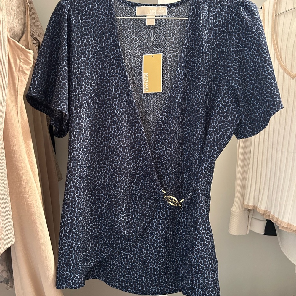 Michael Kors Blue Wrap Short Sleeve Blouse
